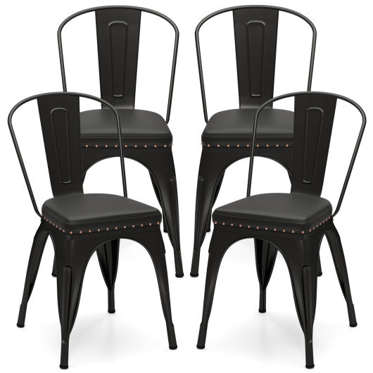 Metal Dining Chair Set of 4 Stackable Kitchen Chairs with Removable Backs and PU Leather Cushioned Seat-Black