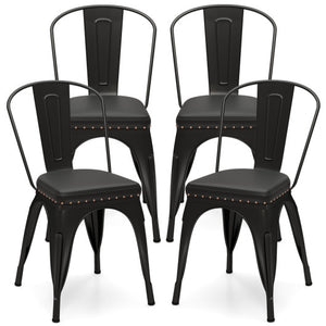 Metal Dining Chair Set of 4 Stackable Kitchen Chairs with Removable Backs and PU Leather Cushioned Seat-Black