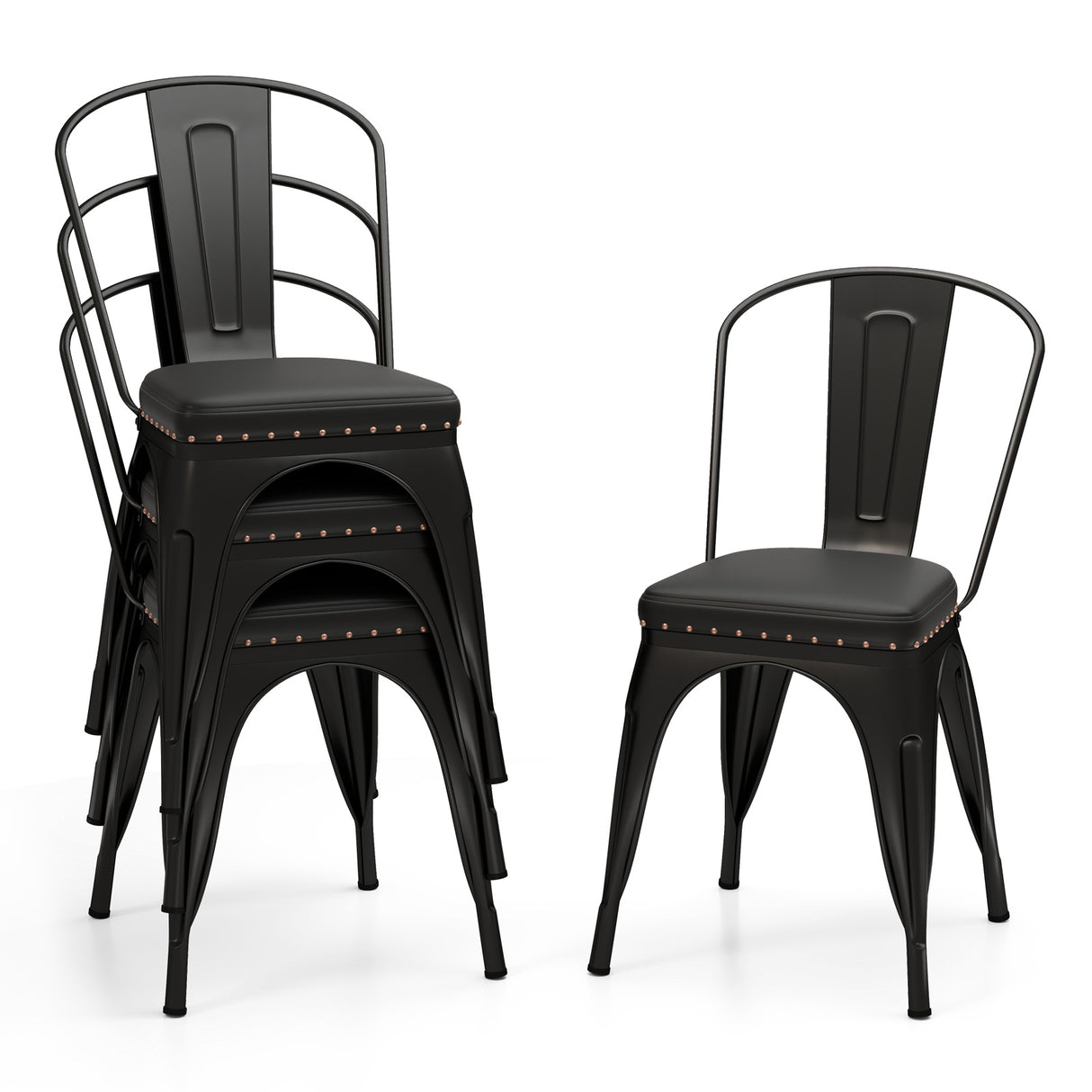 Metal Dining Chair Set of 4 Stackable Kitchen Chairs with Removable Backs and PU Leather Cushioned Seat-Black