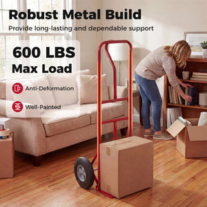 Metal Hand Truck Heavy-Duty 600 LBS Moving Dolly Cart with P-Handle and 10inch Rubber Wheels-Red