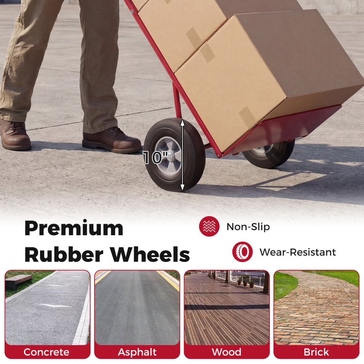 Metal Hand Truck Heavy-Duty 600 LBS Moving Dolly Cart with P-Handle and 10inch Rubber Wheels-Red