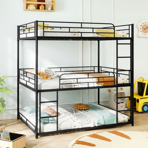 Metal Triple Bunk Bed with Safety Guardrails and 2 Ladders-Black
