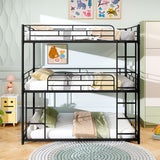 Metal Triple Bunk Bed with Safety Guardrails and 2 Ladders-Black
