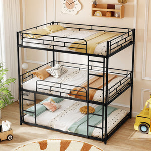 Metal Triple Bunk Bed with Safety Guardrails and 2 Ladders-Black