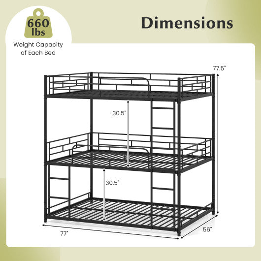 Metal Triple Bunk Bed with Safety Guardrails and 2 Ladders-Black