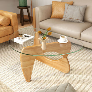 Triangle Coffee Table with Tempered Glass Top and Adjustable Rubber Wood Base-Natural