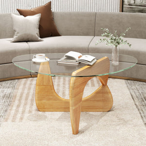 Triangle Coffee Table with Tempered Glass Top and Adjustable Rubber Wood Base-Natural