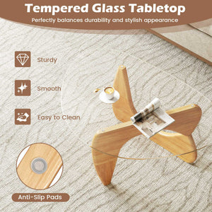 Triangle Coffee Table with Tempered Glass Top and Adjustable Rubber Wood Base-Natural