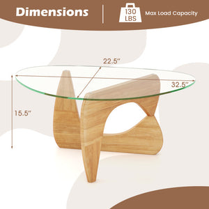 Triangle Coffee Table with Tempered Glass Top and Adjustable Rubber Wood Base-Natural