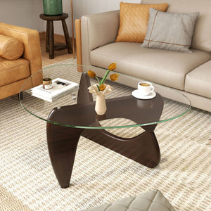 Triangle Coffee Table with Tempered Glass Top and Adjustable Rubber Wood Base-Walnut
