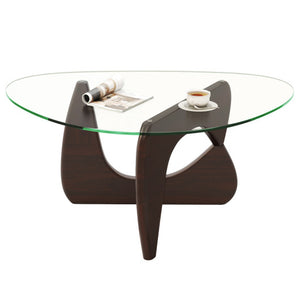 Triangle Coffee Table with Tempered Glass Top and Adjustable Rubber Wood Base-Walnut