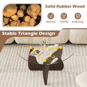 Triangle Coffee Table with Tempered Glass Top and Adjustable Rubber Wood Base-Walnut