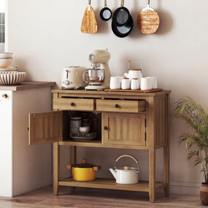 Mid-Century Console Table Wood Coffee Bar Buffet Sideboard with 2 Drawers-Walnut