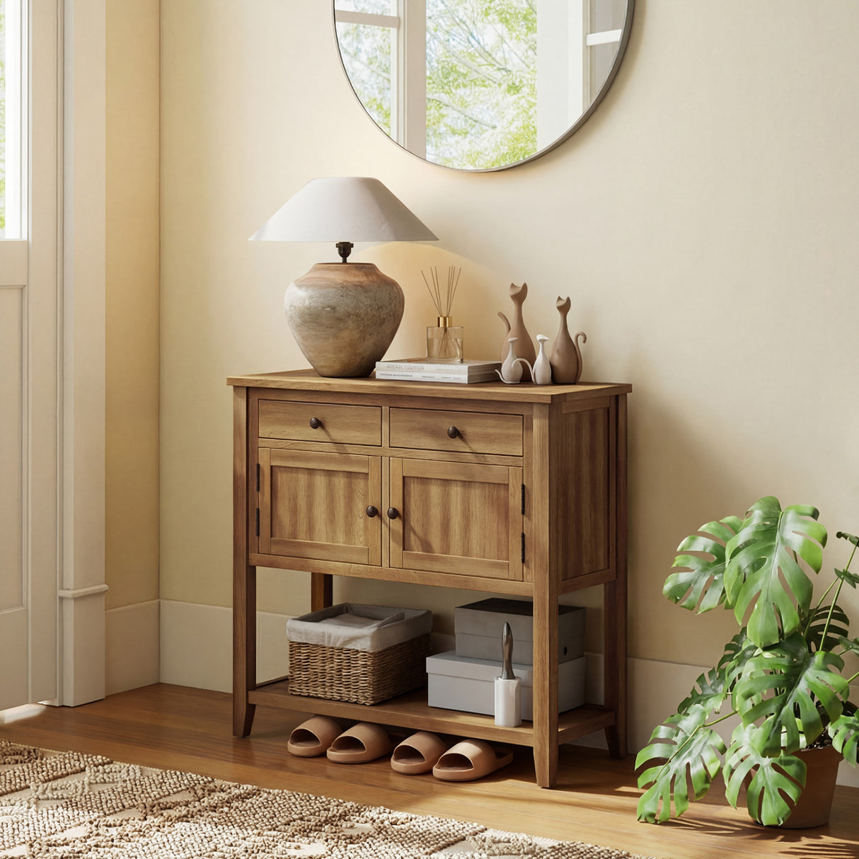 Mid-Century Console Table Wood Coffee Bar Buffet Sideboard with 2 Drawers-Walnut