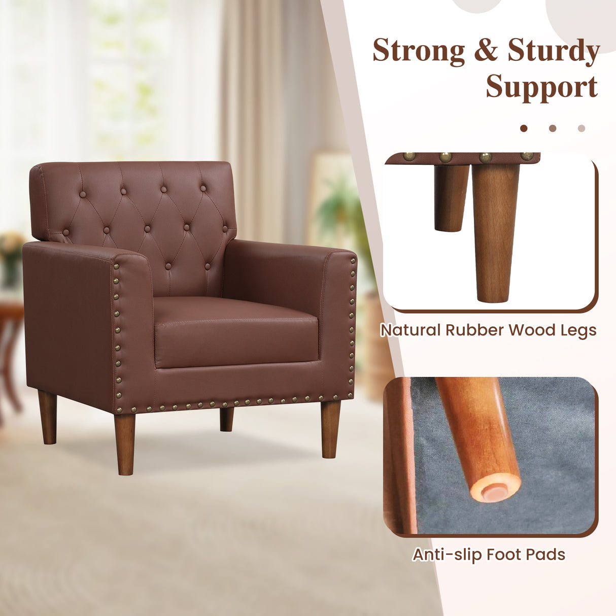 Mid Century Modern Accent Chair with Button Tufted Decoration and Rivets-Brown