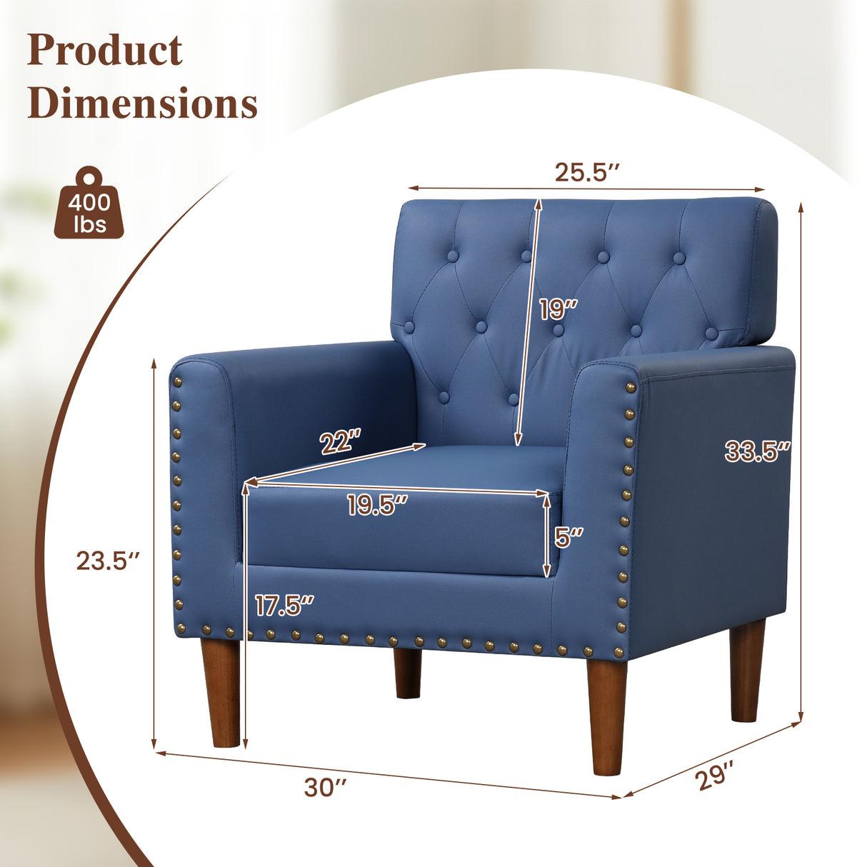 Mid Century Modern Accent Chair with Button Tufted Decoration and Rivets-Blue