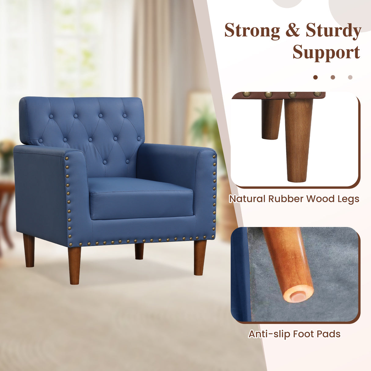 Mid Century Modern Accent Chair with Button Tufted Decoration and Rivets-Blue