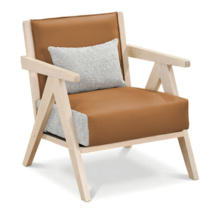 Mid-Century Modern Accent Chair Artificial Leather Sofa Chair with Rubber Wood Frame-Brown