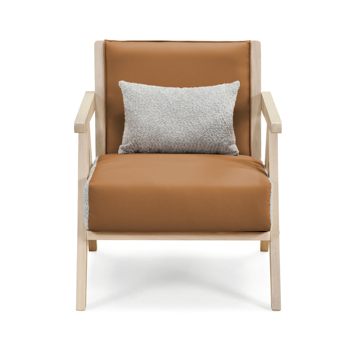 Mid-Century Modern Accent Chair Artificial Leather Sofa Chair with Rubber Wood Frame-Brown