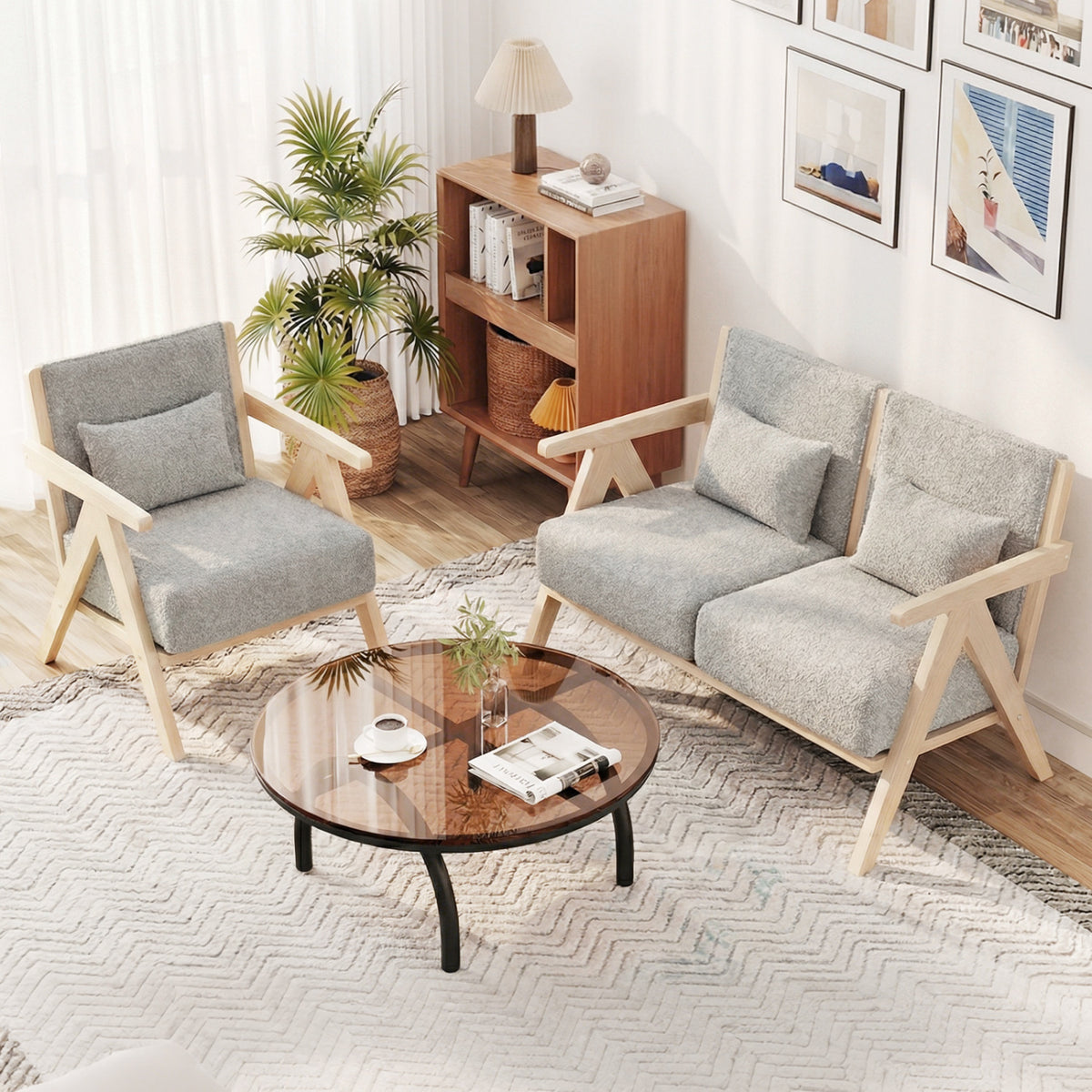 Mid-Century Modern Accent Chair Artificial Leather Sofa Chair with Rubber Wood Frame-Gray