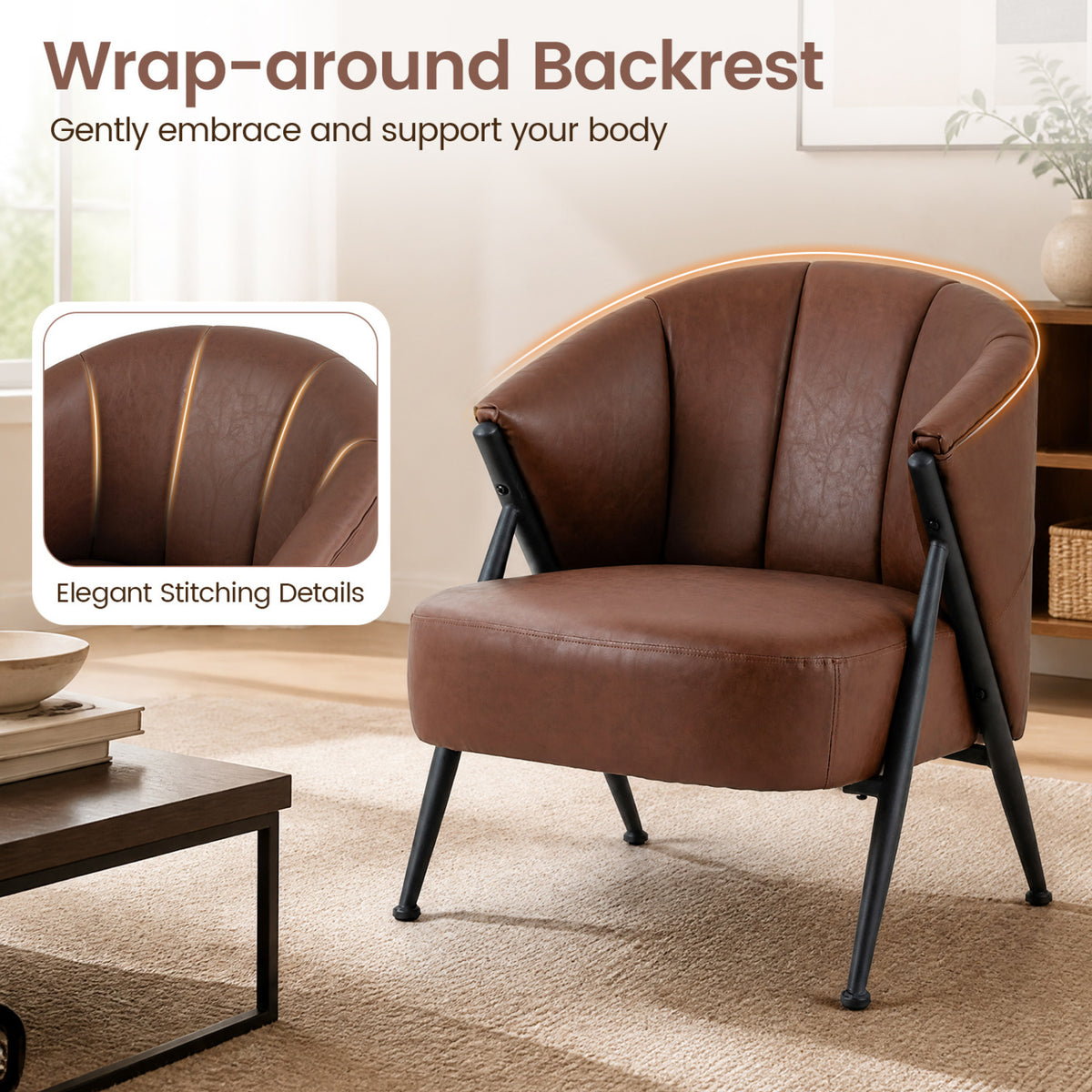 Mid Century Modern Accent Chair with Curved Backrest and Wide Seat Comfy Armchair-Brown