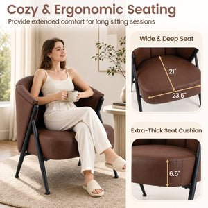 Mid Century Modern Accent Chair with Curved Backrest and Wide Seat Comfy Armchair-Brown