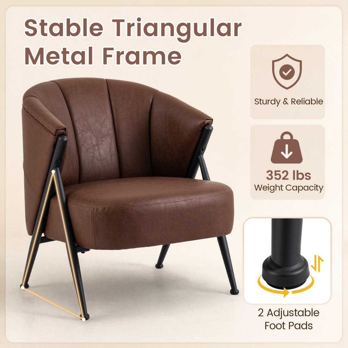 Mid Century Modern Accent Chair with Curved Backrest and Wide Seat Comfy Armchair-Brown