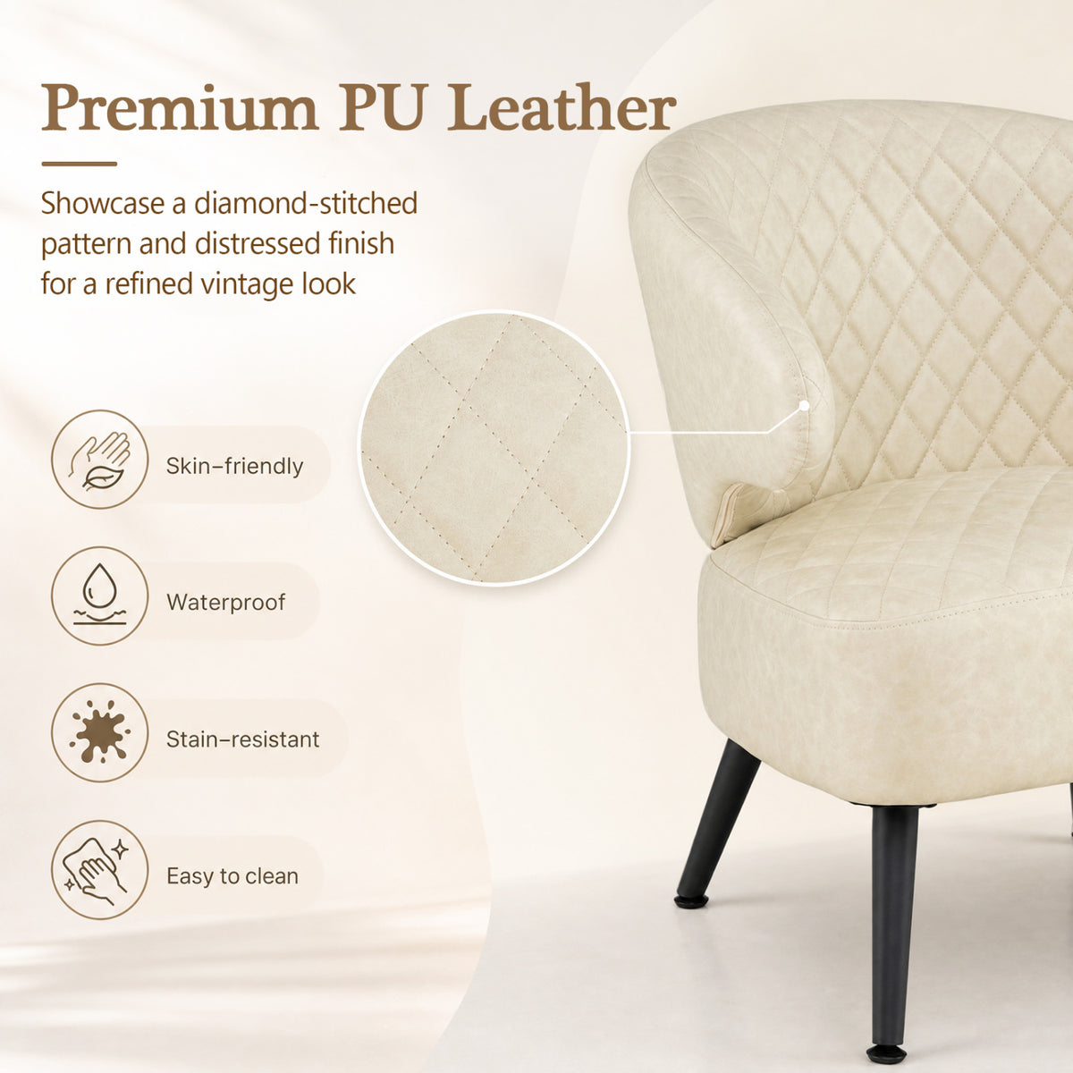 Mid Century Modern Accent Chair Comfy PU Leather Upholstered Armchair-White