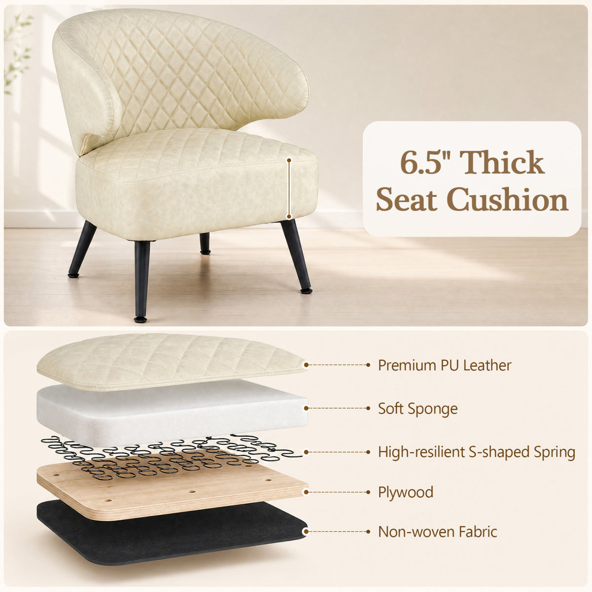 Mid Century Modern Accent Chair Comfy PU Leather Upholstered Armchair-White
