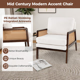 Mid Century Modern Accent Chair with Rattan Arms and Cushion-Brown