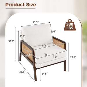 Mid Century Modern Accent Chair with Rattan Arms and Cushion-Brown