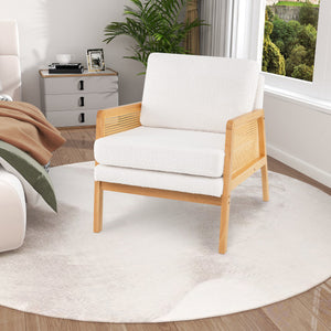 Mid Century Modern Accent Chair with Rattan Arms and Cushion-Natural