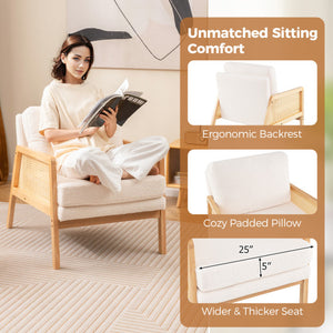 Mid Century Modern Accent Chair with Rattan Arms and Cushion-Natural