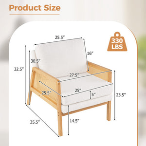 Mid Century Modern Accent Chair with Rattan Arms and Cushion-Natural