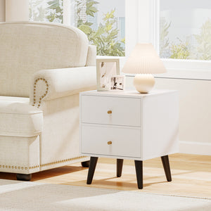 Mid Century Modern Bedside Table Nightstand with Golden Knobs and Raised Support Legs-White