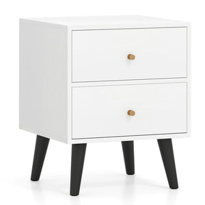 Mid Century Modern Bedside Table Nightstand with Golden Knobs and Raised Support Legs-White