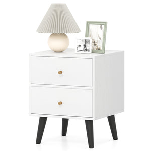 Mid Century Modern Bedside Table Nightstand with Golden Knobs and Raised Support Legs-White