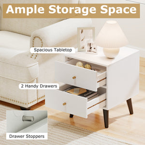 Mid Century Modern Bedside Table Nightstand with Golden Knobs and Raised Support Legs-White