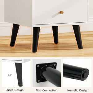 Mid Century Modern Bedside Table Nightstand with Golden Knobs and Raised Support Legs-White
