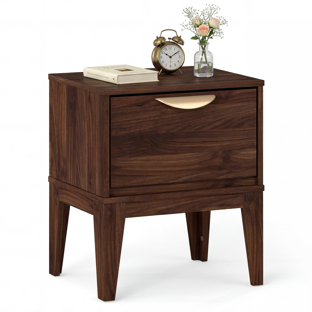 Mid Century Modern Bedside Table with Drawer and Tapered Support Feet for Bedroom-Walnut