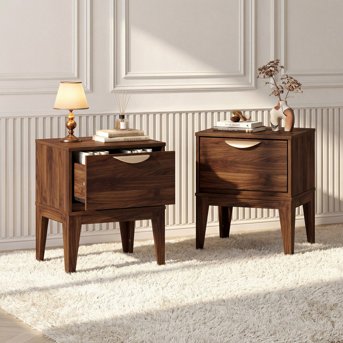 Mid Century Modern Bedside Table with Drawer and Tapered Support Feet for Bedroom-Walnut
