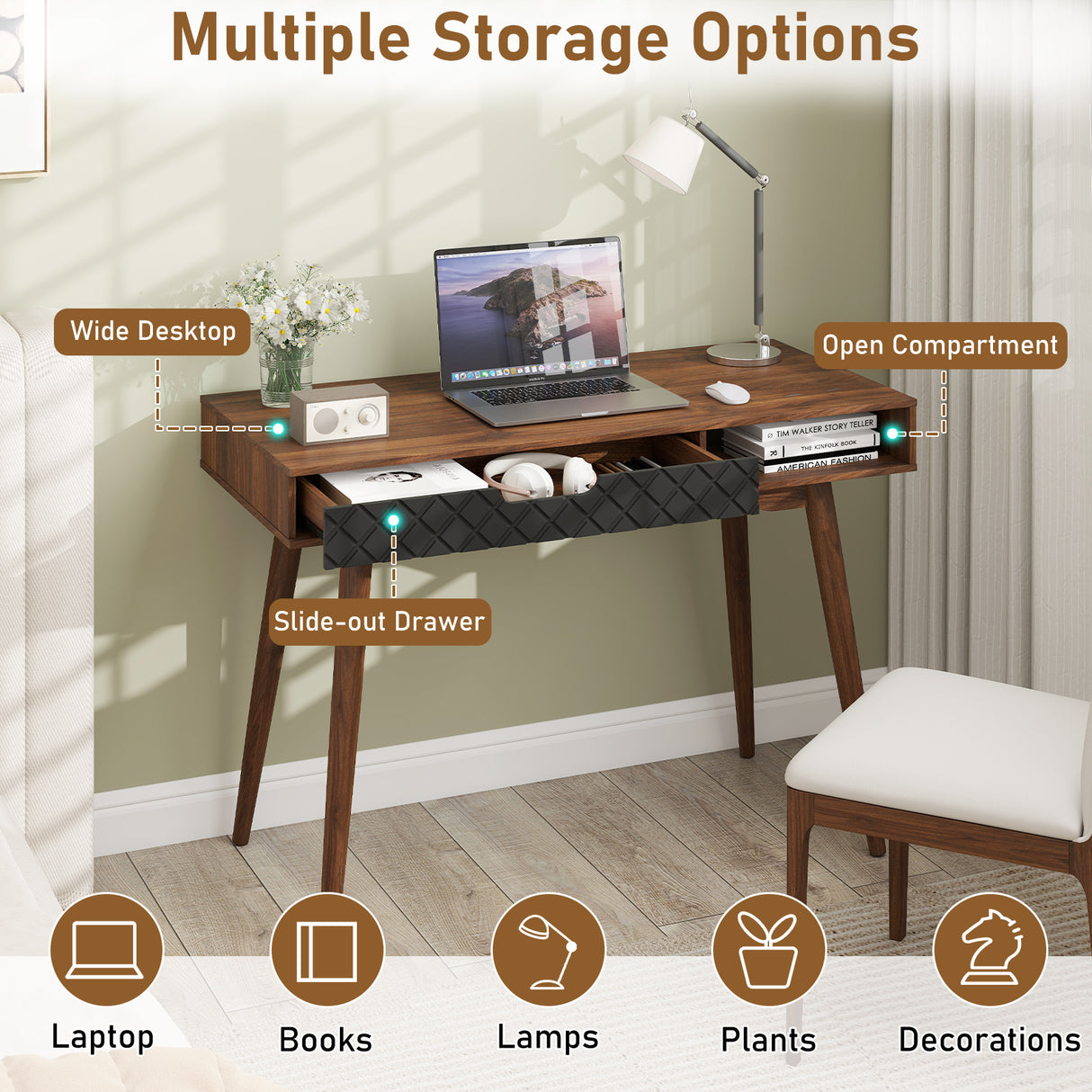 Mid-Century Modern Computer Desk with Drawer and Open Compartment-Brown