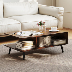 Mid Century Modern Rectangle Coffee Table 2-Tier Accent Table with 2 Open Compartments-Rustic Brown