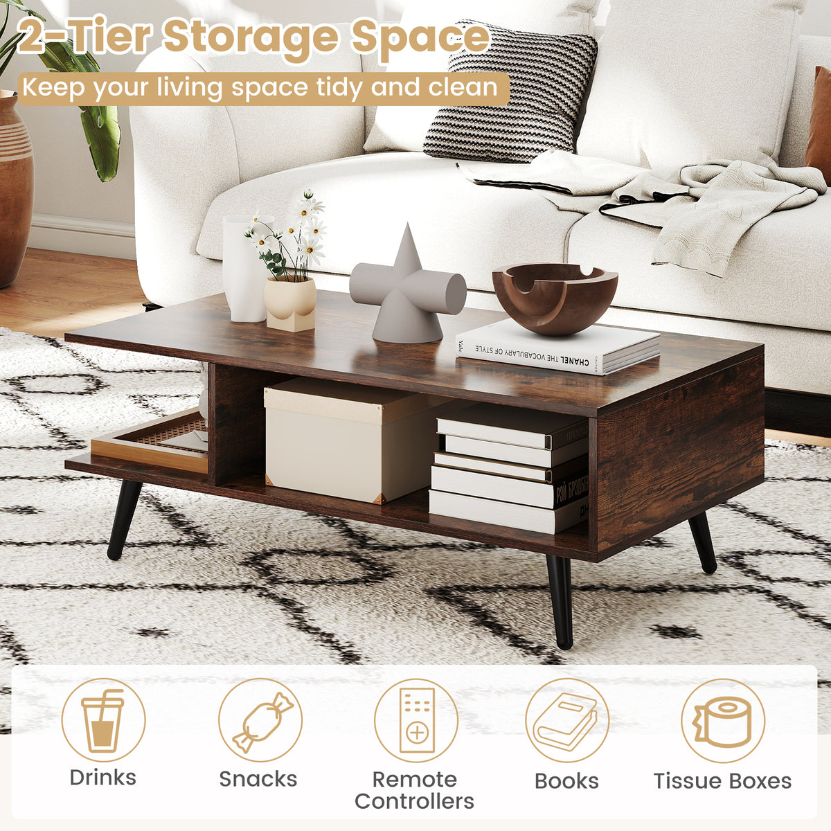 Mid Century Modern Rectangle Coffee Table 2-Tier Accent Table with 2 Open Compartments-Rustic Brown