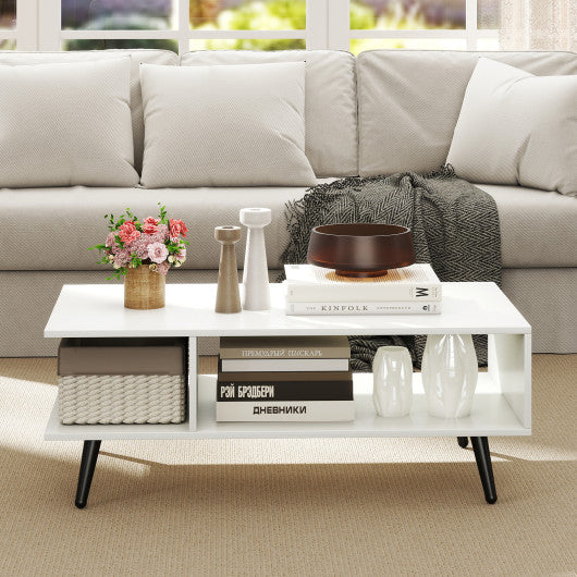 Mid Century Modern Rectangle Coffee Table 2-Tier Accent Table with 2 Open Compartments-White