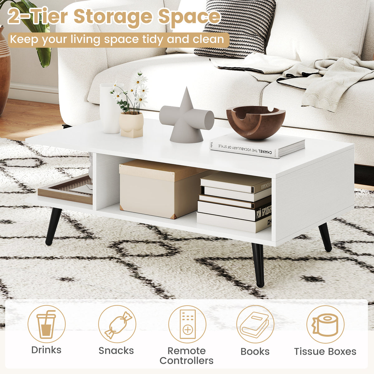 Mid Century Modern Rectangle Coffee Table 2-Tier Accent Table with 2 Open Compartments-White