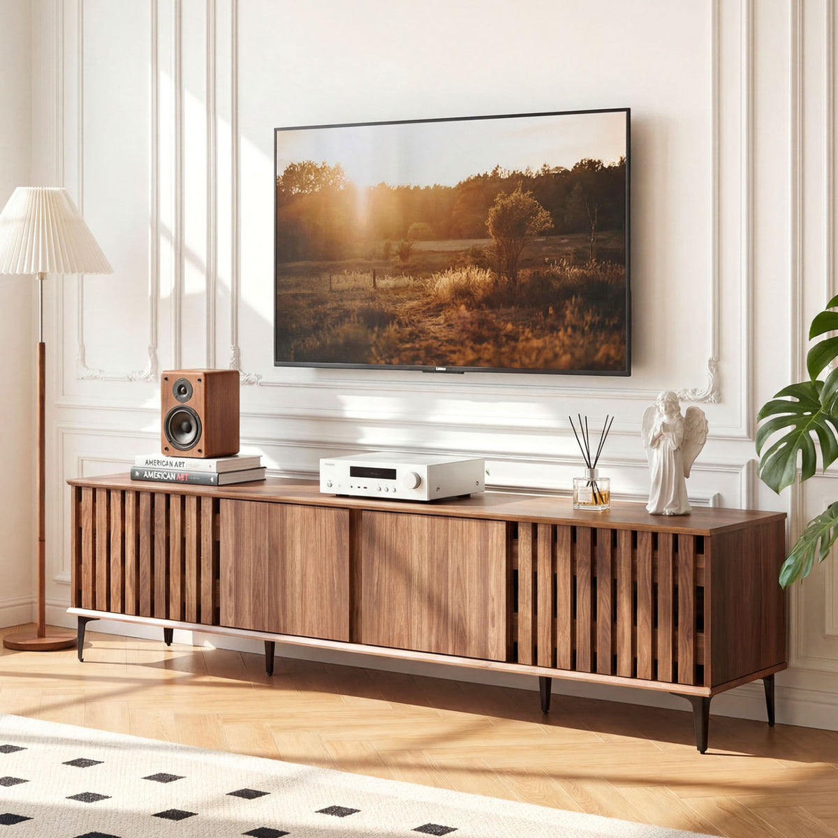 Mid Century Modern Entertainment Center with 4 Storage Cabinets for Living Room-Walnut