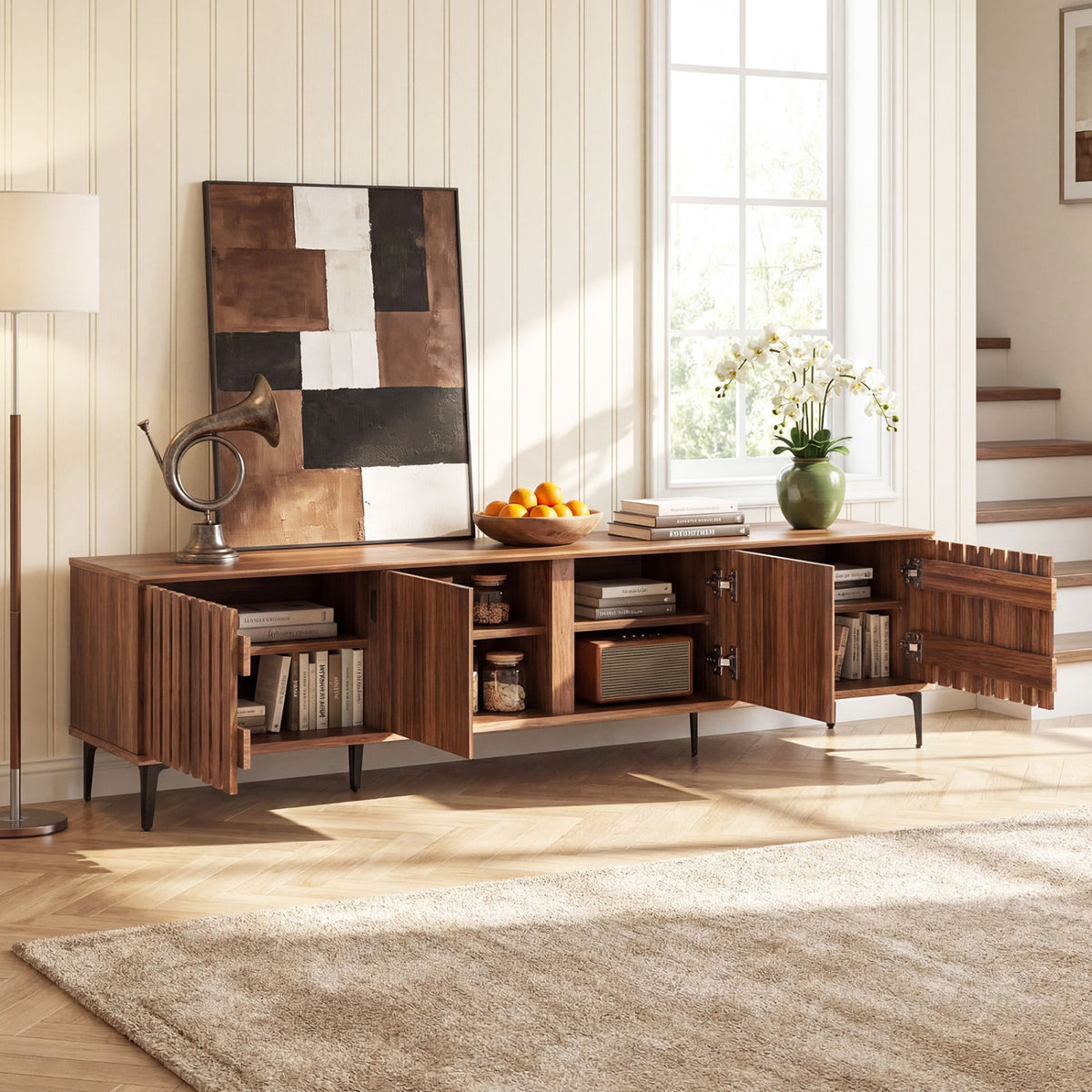 Mid Century Modern Entertainment Center with 4 Storage Cabinets for Living Room-Walnut