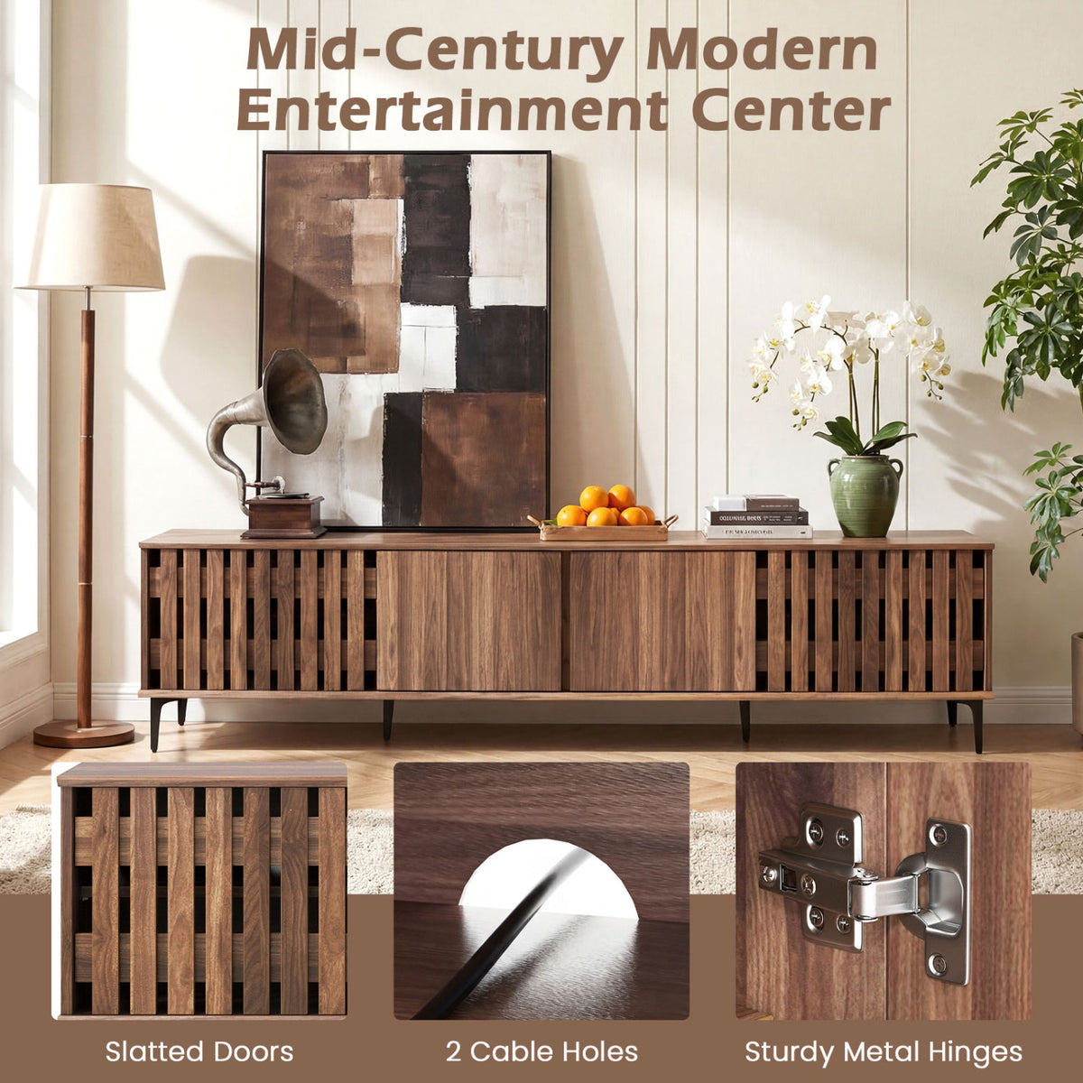 Mid Century Modern Entertainment Center with 4 Storage Cabinets for Living Room-Walnut