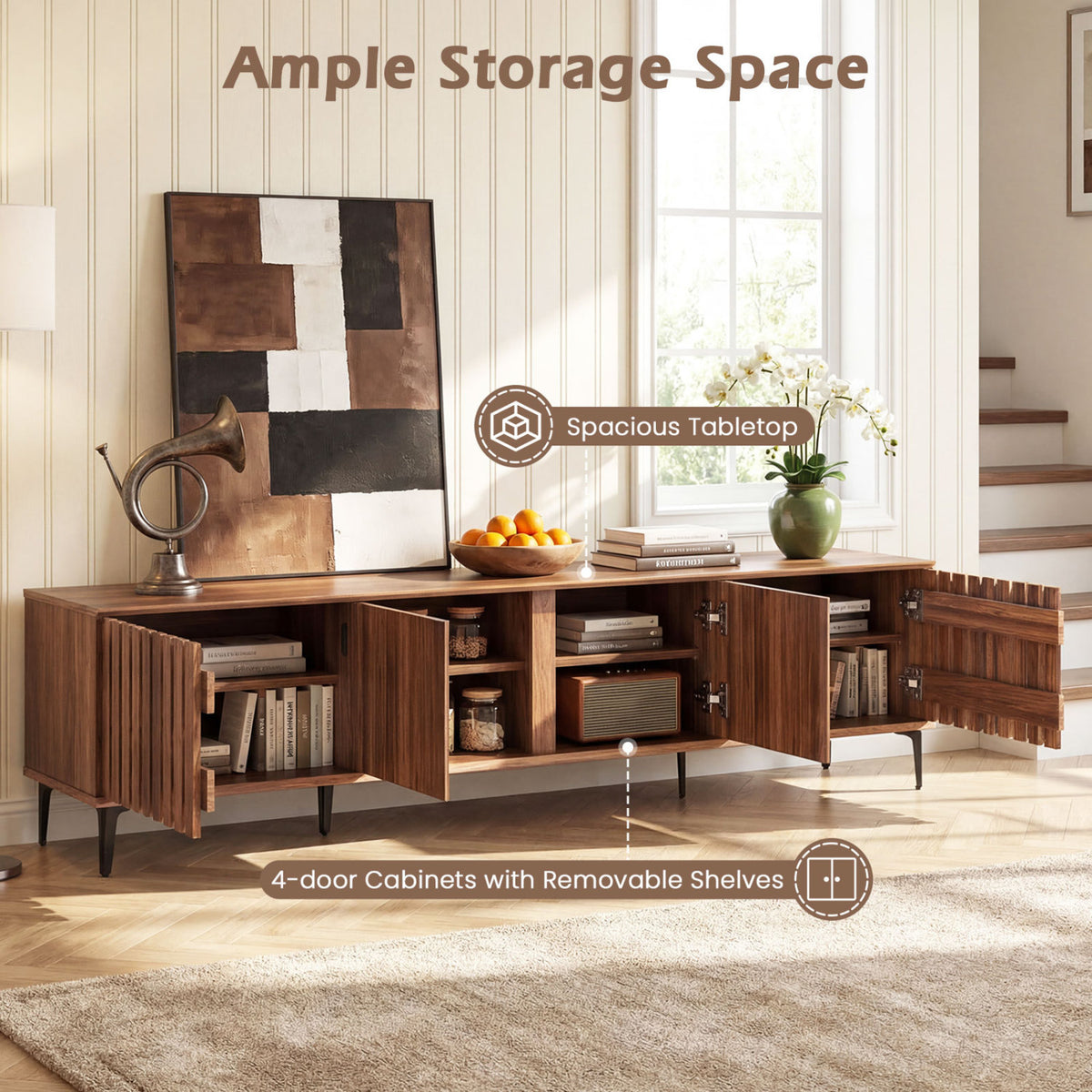 Mid Century Modern Entertainment Center with 4 Storage Cabinets for Living Room-Walnut